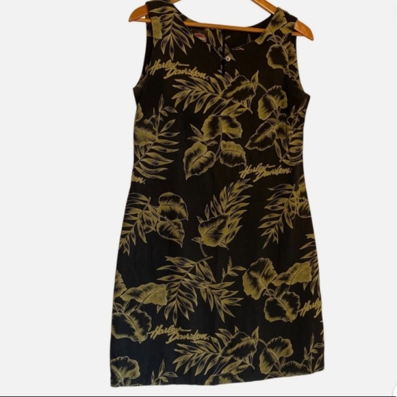100% Silk Harley Davidson Tank Sheath Dress Sleeveless Tropical Leaf Print Sm - Picture 1 of 5